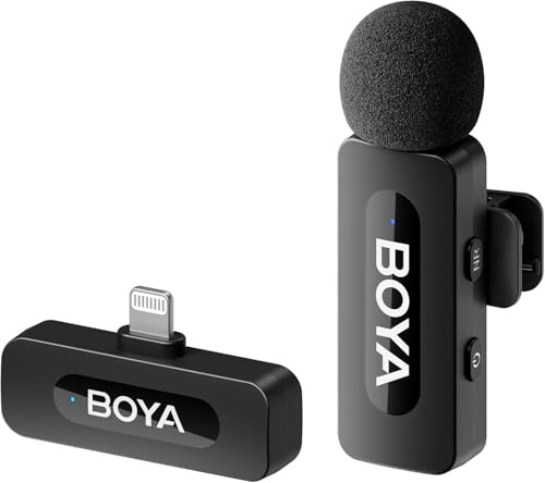Boya Sistema de micrófono inalámbrico omnidireccional de 2,4 GHz con transmisor y Receptor para Dispositivos iOS. Certificado MFI. para Redes sociales, Contenido de Youtube con batería Recargable.