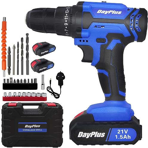 Cordless Drill Driver 21V, Cordless Battery Drill with 2 Batteries 1.5Ah, 25+1 Torque Combi Drill, 45N.m Max Electric Drill with Variable Speed, 26Pcs Electric Screwdriver Set LED Light for Home&DIY