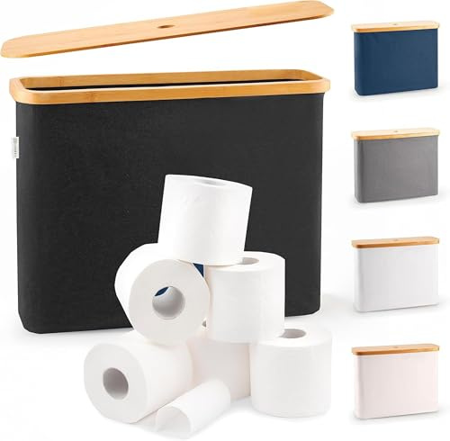 LONBET Toilettenpapier Aufbewahrung Box mit Deckel aus Bambus - Klopapier Aufbewahrung 12 Rollen - Stapelbar, Wasserdicht, Antibakteriell & Atmungsaktiv, Badezimmer, Schwarz 45x15x34.5cm