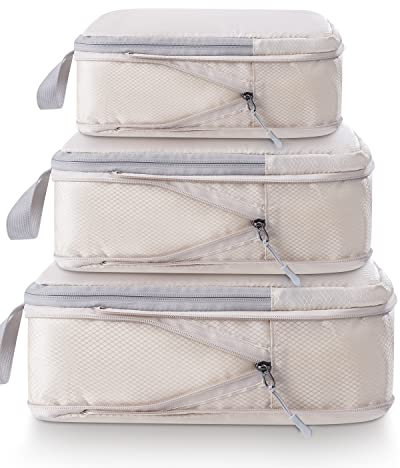Meowoo 3-teiliges Kompressions-Packwürfel Set - Compression Packing Cubes - Wasserdichter Kofferorganizer mit Reißverschluss (XL, L, M) - Platzsparend für Handgepäck & Koffer (Beige)
