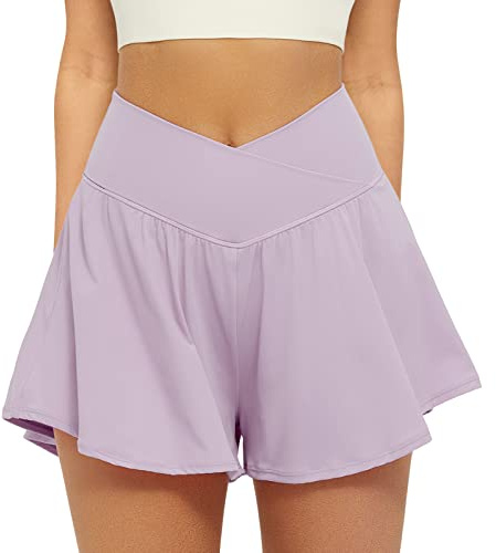 FireSwan Crossover Athletic Shorts für Damen 2-in-1 Flowy Running Shorts mit Taschen Spandex Butterfly Workout Tennis Skorts, Violett, XX-Large