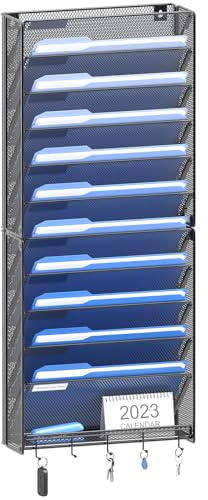 OUTWOLF Hanging Wall File Organizer with Hooks, 12 Tier Vertical Wall Mount File Holder, File Folder Wall Organizer for Office