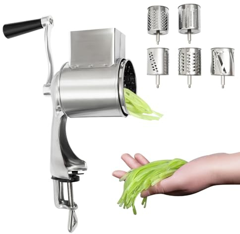 Trommelreibe Handumdrehen, Edelstahl Manuelle GemüSeSchneider Reibemaschine Kartoffelreibe mit 5 Trommeln für Kartoffeln, Gurken und Anderes Gemüse und Obst