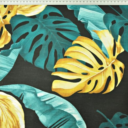 Textrend Baumwollstoff Stoffe Meterware - Stoff zum Nähen - 100% Baumwolle - Baumwollstoff mit Blättern - Stoffe Meterware (Monstera und Bananenblätter gold-türkis auf schwarzem Hintergrund)