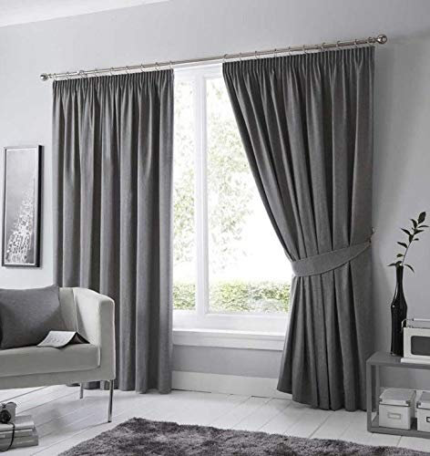 RAYYAN LINEN Pencil Pleat Blackout Curtains Pair with Free Tiebacks, Tape Top Thermal Insulated Blackout Curtains (Charcoal Grey, Width 90 X Drop 90)