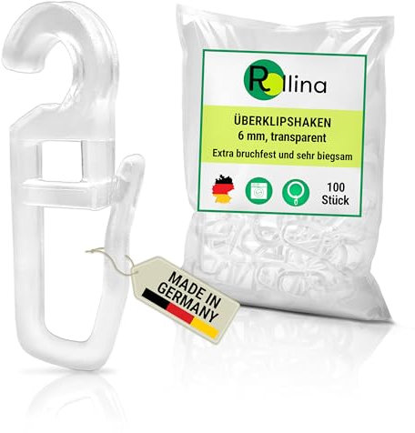 Rollina Gancio a clip trasparente da 6 mm – Gancio per tenda da appendere ad anelli per tende, anelli per tende, ganci a S