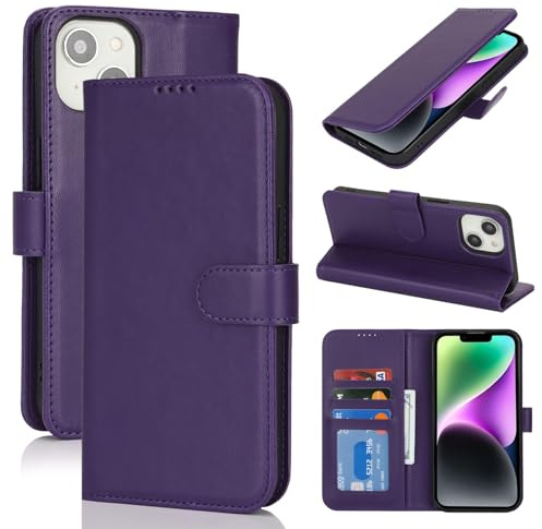 Zouzt Hülle für iPhone 14/13 6,1-Zoll, Stoßfestes PU Leder Handyhülle Lederhülle Klapphülle mit Kartenhalter und Standfunktion Flip Leather Wallet Phone Cover (Dunkelviolett)