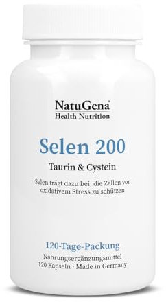 NatuGena Selen 200, Taurin, 100 mg L-Cystein pro Kapsel, vegan, laktose- und glutenfrei, 120 Kapseln