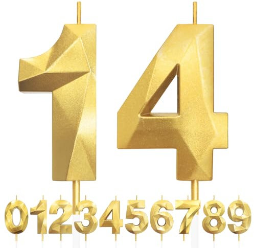Geburtstagskerzen Zahlen 14, 5cm 3D Gold Geburtstagskerzen, Kerzen Geburtstag, Zahlenförmige Kerze, Tortendeko Geburtstags für Geburtstag Party, Hochzeiten, Jubiläen, Birthday Candle Nummer 14