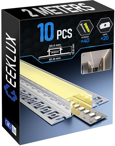 GEEKLUX LED-kakelprofil 2 m, 10 stycken och infällda remsor, LED-skena av anodiserad aluminiumkanal för remsor upp till 20 mm diffusor för jämn ljusfördelning