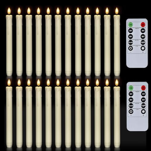 Homemory 24 Pcs Flameless Taper Candles with Remote, Timer, Plastic Battery Operated CandleSticks, Ivory Led Window Candles with Flickering Light, 9.6 Inches for Christmas Home Wedding Decor