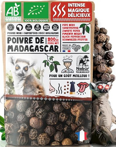 Nabür - 200gr Poivre de Madagascar BIO | Poivre Noir en Grain | Note Fruité, Animal, Florale