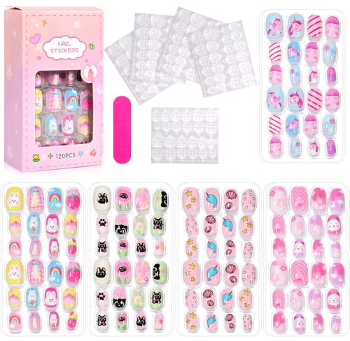 Virellay 120 Stücke Kinder Nägel - Fingernägel zum Aufkleben für Mädchen mit Jelly Kleber - 5 Verschiedene Designs Kunstnägel Kinder, Schönes Geschenk für Mädchen (TD153-6, 120 pcs)