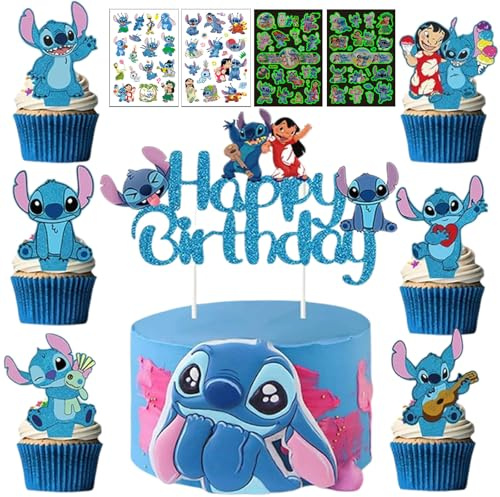 25 Stück Tortendekoration Cake Topper Set + 4 Blätter Temporäre Tattoos für Kinder, Kuchen Deko, Muffin Deko, Cupcake Toppers, Kindergeburtstag Party Geburtstag Deko