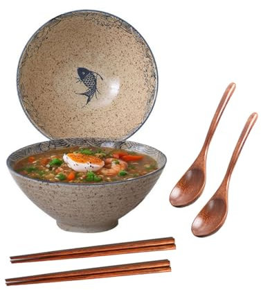 Ceraozmus Lot de 2 bols à ramen en céramique de 1180 ml, grand bol à soupe japonais de 20,3 cm, baguettes et cuillères assorties, convient pour les nouilles asiatiques Pho, Udon (poisson japonais)