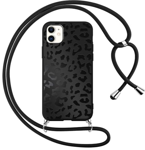 Vxinvnoi Handykette Handyhülle für iPhone 12/iPhone 12 Pro 6,1 Hülle mit Band, Aesthetic Leopard Muster Kordel zum Umhängen Case, Silikon Weich Dünn TPU Bumper Stoßfest Cover für iPhone 12, Schwarz