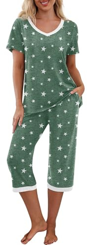 PrinStory Pyjamasset för kvinnor, sovkläder, lounge-kläder, kortärmad t-shirt, capribyxor, med fickor