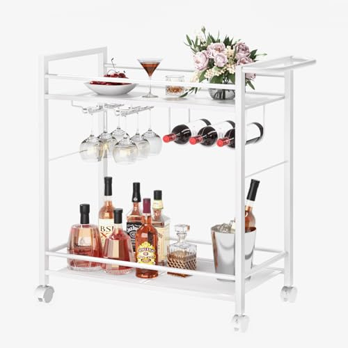 Joaxswe Barwagen, Servierwagen mit Ablagen, 2 Etagen, rollbarer Getränkewagen mit Rollen, moderner Weinwagen mit Weinregal und Glashalter für Küche, Wohnzimmer, Esszimmer, Weiß