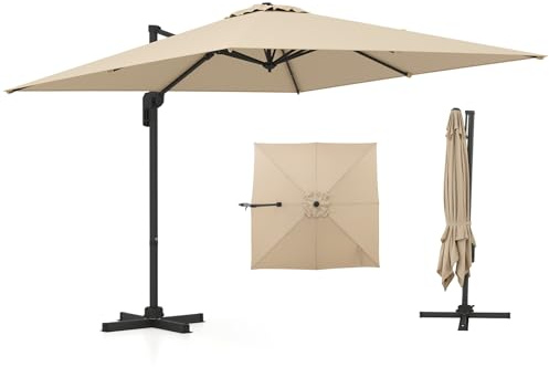 GOPLUS Sombrilla Jardín 3x3 m, Sombrilla Terraza Exterior Giratoria 360° con 5 Posiciones Ajustables, Parasol con Manivela, 8 Varillas y Protección UV, para Piscina, Mercado, Patio (Beige)