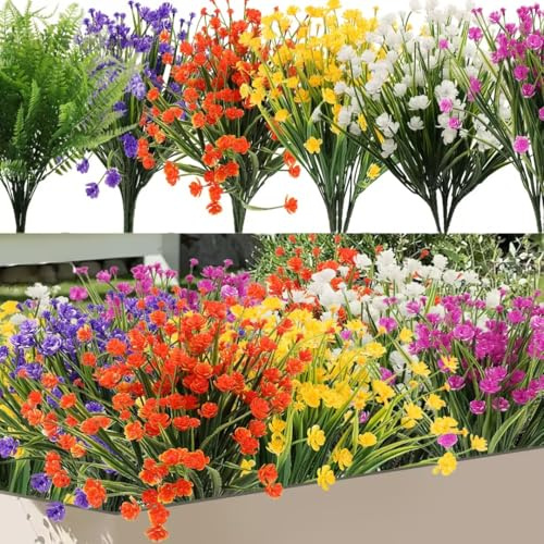 NISHZHU 24 Bundles Artificial Fake Flowers, UV Faux Flowers Arrangement, Fake Plants Greenery Shrubs for, Home Garden Patio, Hanging Planter, Window Box Farmhouse (6 Colors)