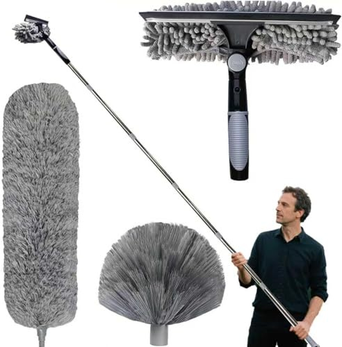 Spolverino per Polvere Allungabile 6m,con Asta Telescopica Regolabile da 1,5 a 4,9 m, Cattura-Polvere Telescopico In Microfibra, Scopa Polvere Pulizia Ventilatori Soffitto, Tapparelle(3PCS,Grey）