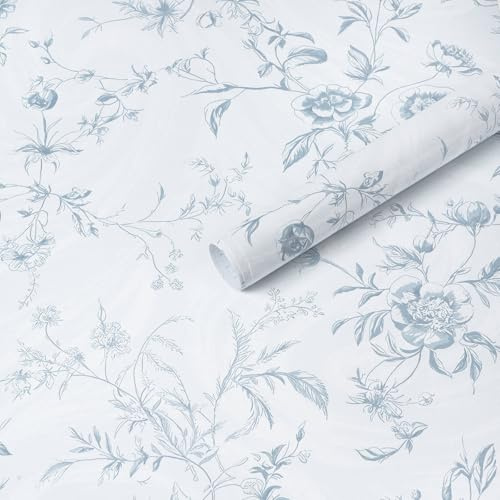 Ismoon Papel tapiz azul para despegar y pegar, diseño floral vintage, papel de contacto con textura francesa para gabinete, papel tapiz autoadhesivo extraíble, rollo de vinilo, decoración de estantes