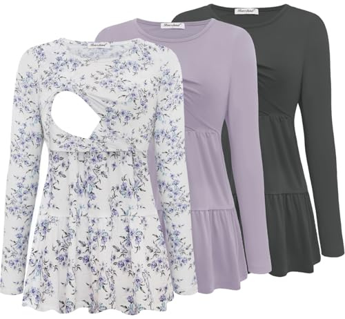 Bearsland Women’s Nursing Top 3pack Long Sleeve Scoop Neck Breastfeeding Shirts Nursing Shirt