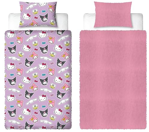 Character World - Set di biancheria da letto singolo in pile Hello Kitty | Super morbido e caldo | Copripiumino reversibile a 2 lati per bambini, comodo per l'inverno, con federe abbinate | Rosa