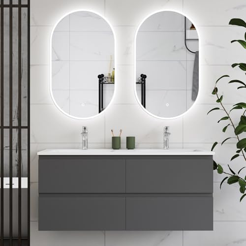 HAPAOSO Ensemble Meubles Salle de Bain 120 cm Anthracite -Double Vasque Céramique, 4 Tiroirs de Stockage, Miroir LED Ovale Dimmable