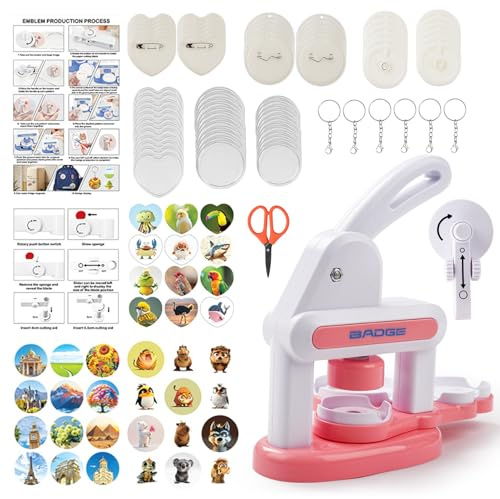 Máquina para hacer botones para niños sin instalación, 35 mm/55 mm, kit de prensa de insignias personalizado con 72 piezas de botón y 3 calcomanías para manualidades infantiles y regalos, Rosa