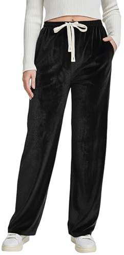 Oppchy Women's Wide Leg Velvet Pants Casual Waist Elastic Drawstring Loose Fit Trousers Black
