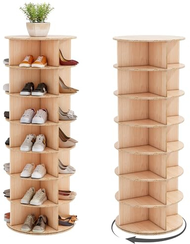 Wumagin Drehbarer Schuhschrank, 360° Schuhablagen mit Rundregalen, Aufbewahrung, Vertikale Handtasche, Schuhschrank-Organisation für Wohnzimmer, Flur & Schlafzimmer (Naturholzfarbe, 7 Etage)