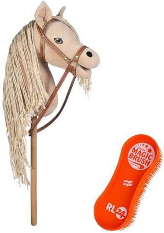RL24 - Hobby Horse Pferde Mini von HKM Kids inkl. MagicBrush Edition – Steckenpferd – Spielpferd mit Holzstock, Mähne & Trense – Stockpferd ohne Griffe & Rollen – Gold