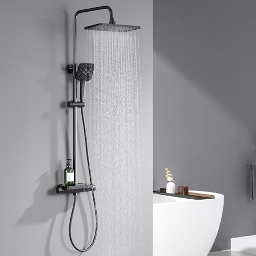 Auralum Colonne de Douche Thermostatique avec Étagère en Verre, Mitigeur Thermostatique et Ciel de Douche Large 30,5cm, 3 Jets Économes en Eau - Kit Complet