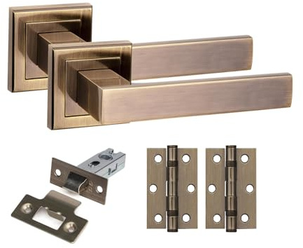 Golden Grace Delta Square Rose Door Handles with Latch & Hinges, 1 Set | Supplied with spindle and fixing screws for quick installation, showing a sleek antique brass finish on a 52mm square rose.
