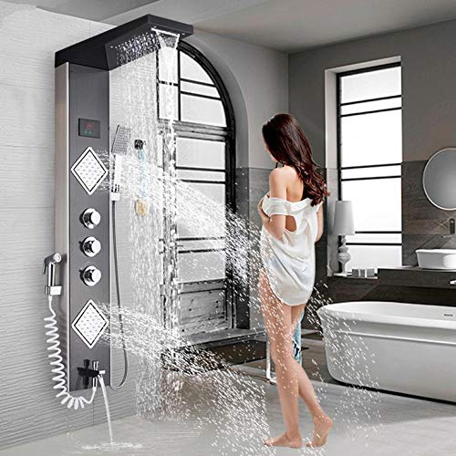 Aioneer Grifo De Ducha De Baño De Lujo De Níquel Cepillado con Panel De Ducha Led, Grifo Mezclador De Bañera con Ducha De Mano Y Pantalla De Temperatura