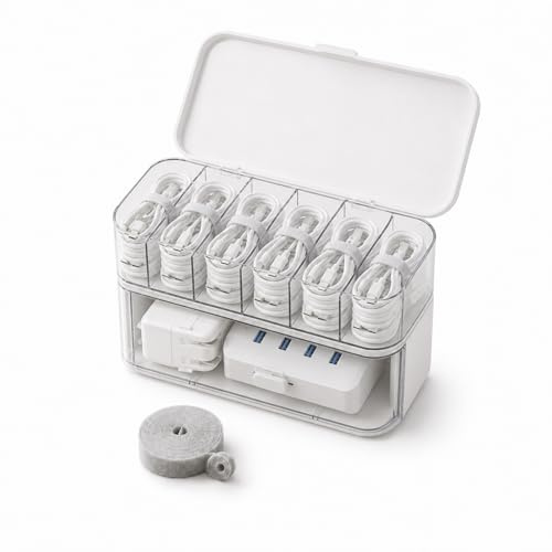 Raoletin Cable Management Box Double Layer Cable Storage Box with Lid, 7 Compartments Cable Organiser with 3m Tie, Large Cable Tidy Box for Home Office Desk, Drawer and Bedside Charging Area