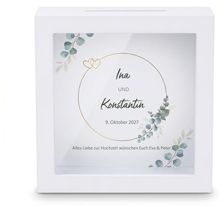 Herz & Heim® Hochzeit Geldgeschenk Spardose für Brautpaar – Geldbox personalisierbar mit Namen, Datum & Wunschtext – Bilderrahmen Geschenkbox für Hochzeitsgeschenk