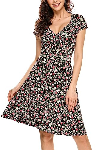 Beyove Blomklänning för kvinnor, knälång A-linje, sommarklänningar, kortärmad, blommig klänning, jerseyklänning, blommig, sommar, jersey, V-hals, A-svart, XL