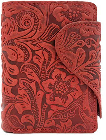 Jockey Club wunderschöne Damen echt Leder Geldbörse, hoch, mit Außenriegel & RFID Schutz, Liane Florale Motive, Ranken und Blüten in toller Hoch Tief Prägung kirschrot