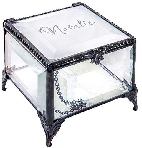 Personalized Clear Beveled Glass Box Decorative Vanity Display Case Storage Jewelry Organizer Keepsake Gift for Her Girl Women Vintage Decor J Devlin Ellen Box 326 EB245