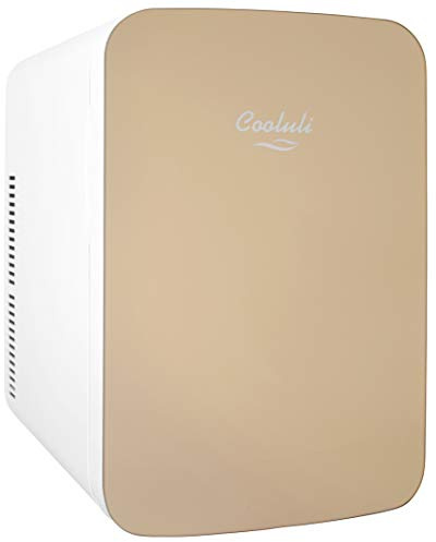 Cooluli 15L Mini Fridge for Bedroom - Car, Office Desk & College Dorm Room - 12v Portable Cooler & Warmer for Food, Drinks, Skincare, Beauty & Makeup - AC/DC Small Refrigerator with Glass Front, Gold