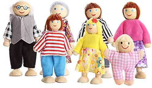 Wagoog Puppenhaus Puppenfamilie Set - Holz 7 Personen Figuren Puppen Spielset für Puppenhaus Familie Zubehör Kinder Spielzeug Geschenk