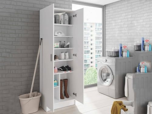 Dmora - Armadio multiuso 2 ante Portsmouth, Mobile ausiliario, Guardaroba porta scarpe moderno, Scarpiera verticale, 59x37h180 cm, Bianco