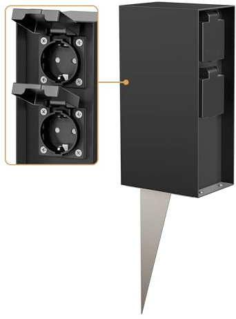 ledscom.de Garten-Steckdosen-Säule POMI mit Erdspieß für außen, IP44, 4-fach, schwarz, eckig, 23cm