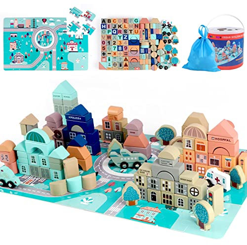 Jacootoys Holzbausteine ​​Kinder 133 Stück Stadtbau Konstruktionsspielzeug Alphabet Nummer Bauklötze im Baumwollbeutel Jungen Mädchen ab 3 Jahre