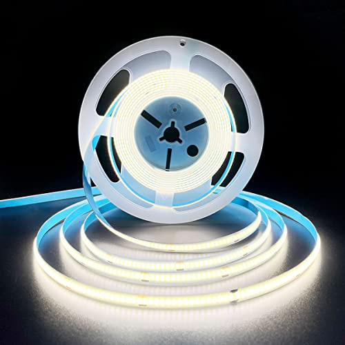 HAMRVL COB LED Strip Lights White 6000K,DC12V 16.4ft/5M 320leds/M CRI90 Flexible LED Tape Lights 8mm,for Indoor Home Cabinet,Bedroom, Kitchen, Stage, Backlight DIY Lighting(Without Power Supply)
