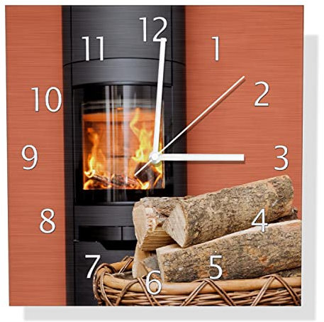 Wallario Design Wanduhr Kamin Romantik aus Aluverbund, Alu-Uhr Größe 30 x 30 cm, weiße Zeiger mit Metalloptik