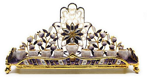 Niedrige Chanukah-Menora auf Zinn mit echten österreichischen Kristallen, Blumen-Design (lila)
