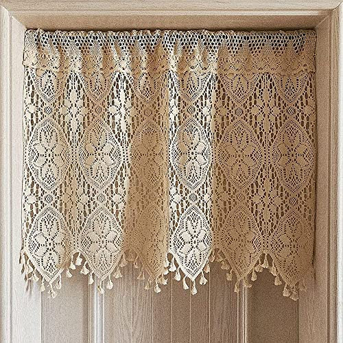 Yunsurey Retro-Häkelvorhang Volant für Küche, Fenster, Boho-Vorhang, Etagen für Kaffee-Dekor, Stangentasche, Bauernhaus, Kurze Vorhänge für Raumteiler, 1 Panel, Stricken, Türvorhang, B 119 x L 66 cm